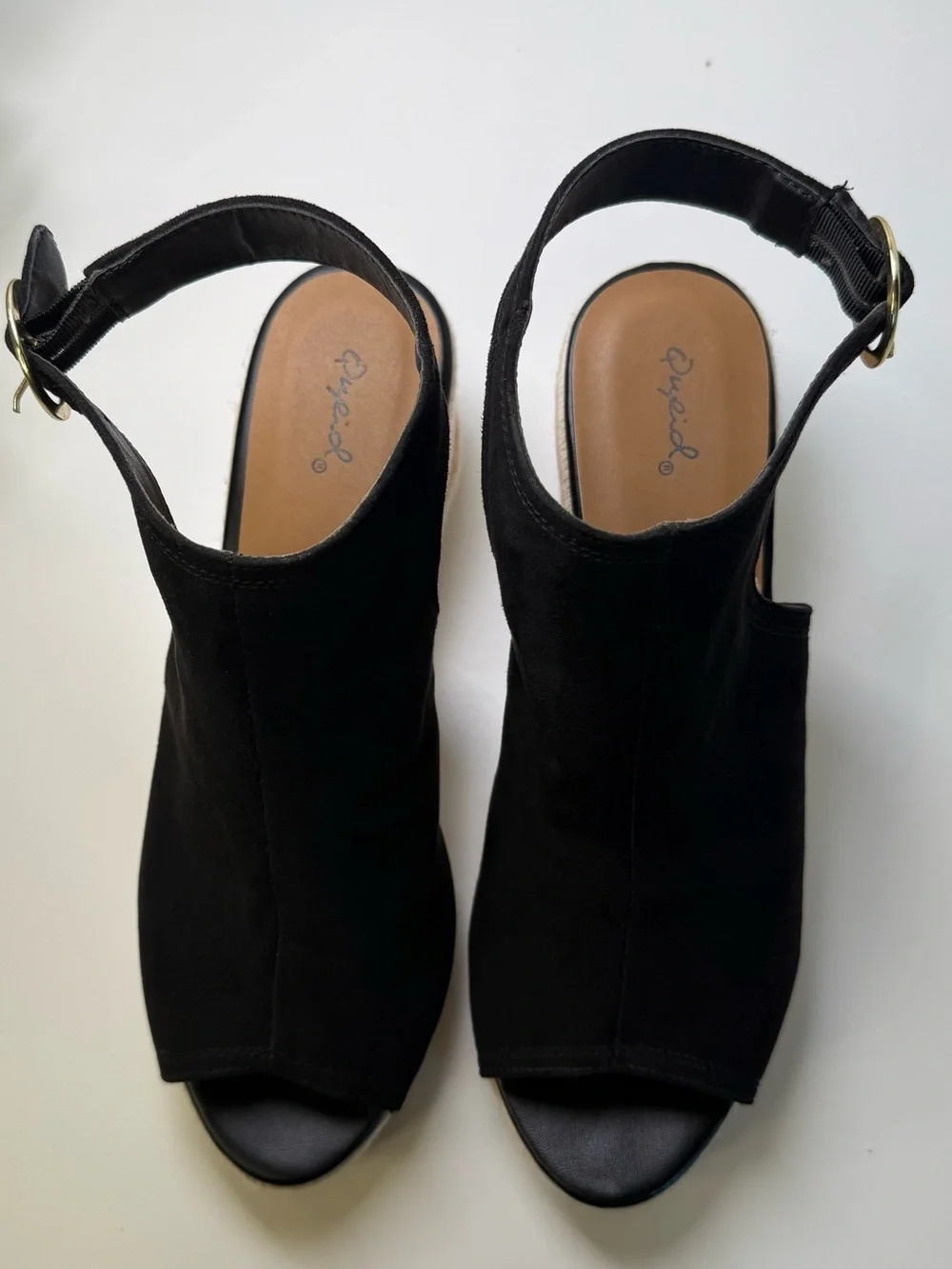 Qupid Caleb Black & Beige Open-Toe Espadrille Wedge Boho Sandals Womens Size 10